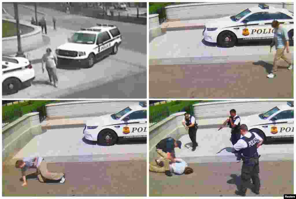 Dalam kombinasi foto yang diambil dari CCTV video keamanan, Jesse Olivieri tampak ditangkap setelah ia ditembak oleh Agen Rahasia AS karena membawa senjata di luar Gedung Putih di Washington, bulan Mei 2016.
