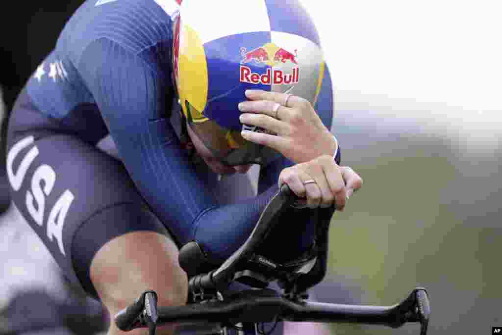 United States' Chloe Dygert competes during the women's Individual Time Trial event, at the road cycling World Championships, in Imola, Italy.