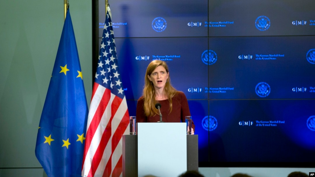 U.S. Ambassador to the United Nations Samantha Power speaks during a lecture regarding the Ebola virus at the Residence Palace in Brussels, Oct. 30, 2014. 