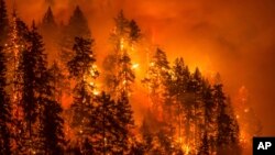 FILE - This photo provided by KATU-TV shows a wildfire as seen from near Stevenson, Washington, across the Columbia River, burning in the Columbia River Gorge above Cascade Locks, Oregon, Sept. 4, 2017.