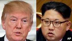 El presidente Donald Trump, izquierda, dijo al recibir a los detenidos en Corea del Norte que el "gran honor será si logramos deshacernos de las armas nucleares", uno de los propósitos durante la reunión con el líder norcoreano, Kim Jong Un, derecha.