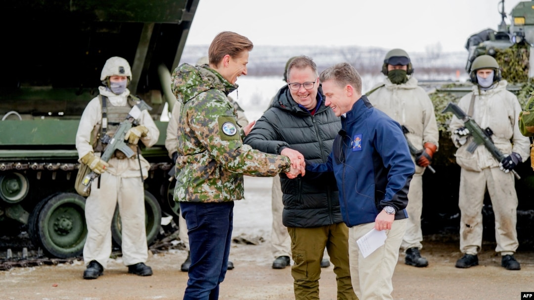 Defense ministers Antti Hakkanen of Finland, Bjorn Arild Gram of Norway and Pal Jonson of Sweden gather near the borders of all three countries, in Kilpisjarvi, Finland, on March 9, 2024.