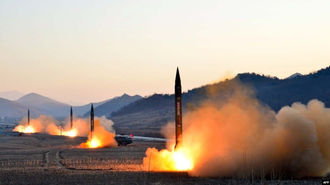 FILE - Undated photo released by North Korea's Korean Central News Agency via KNS on March 7, 2017, shows the launch of four ballistic missiles by the Korean People's Army during a military drill at an undisclosed location in North Korea.