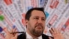 Opposition populist leader Matteo Salvini gestures during press conference at the Foreign Press association, in Rome, Feb. 13, 2020. 