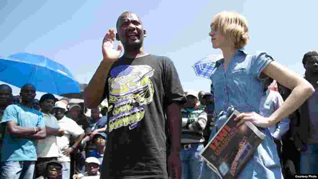 Shange supports another WASP leader addressing a protest near Johannesburg. (Courtesy WASP)