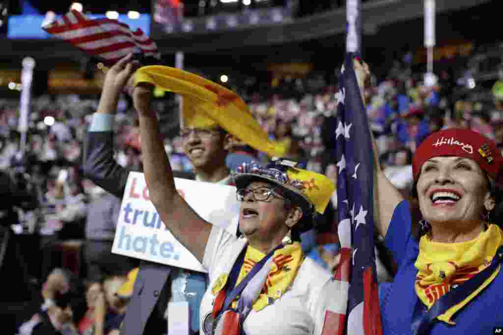 New Mexico delegates cheer during the first day of the Democratic National Convention in Philadelphia, July 25, 2016.