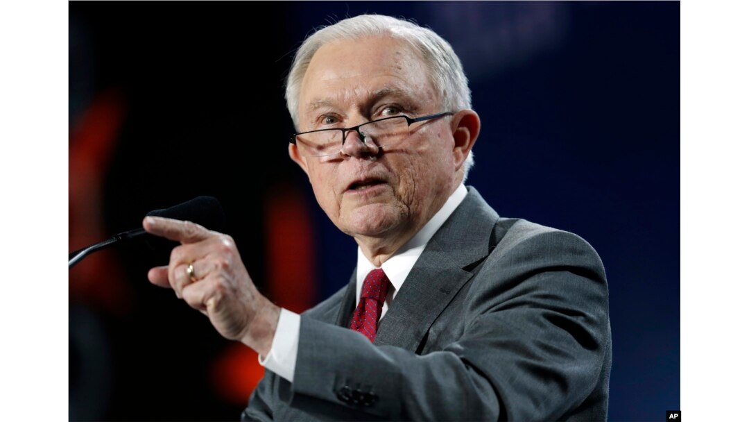 U.S. Attorney General Jeff Sessions makes a point during his speech at the Western Conservative Summit, June 8, 2018, in Denver.