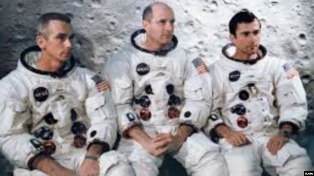 Apollo 10 astronauts Eugene Cernan, Lunar Module Pilot, Thomas Stafford, Commander and John Young, Command Module Pilot are seen in this NASA photograph.