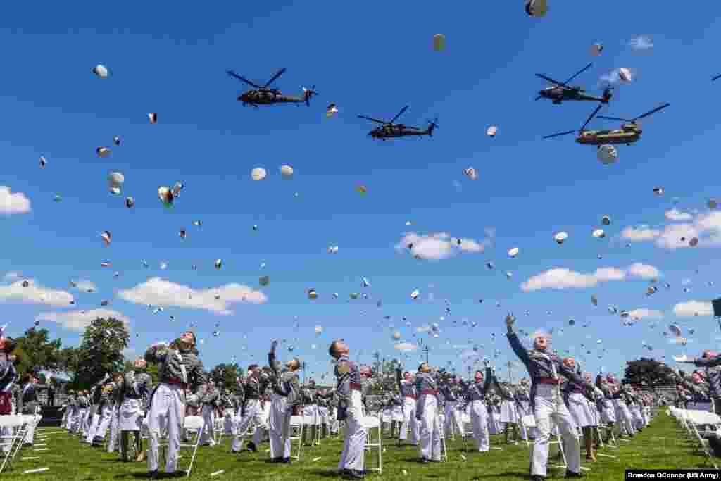 United States Military Academy cadets celebrate their graduation at the end of their commencement ceremonies in West Point, New York, June 13, 2020.