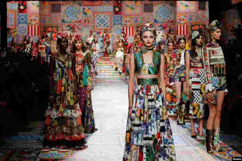 Model present a creation from the Dolce & Gabbana Spring/Summer 2021 women's collection during Fashion Week in Milan, Italy, Sept. 23, 2020. (Dolce & Gabbana/Handout)