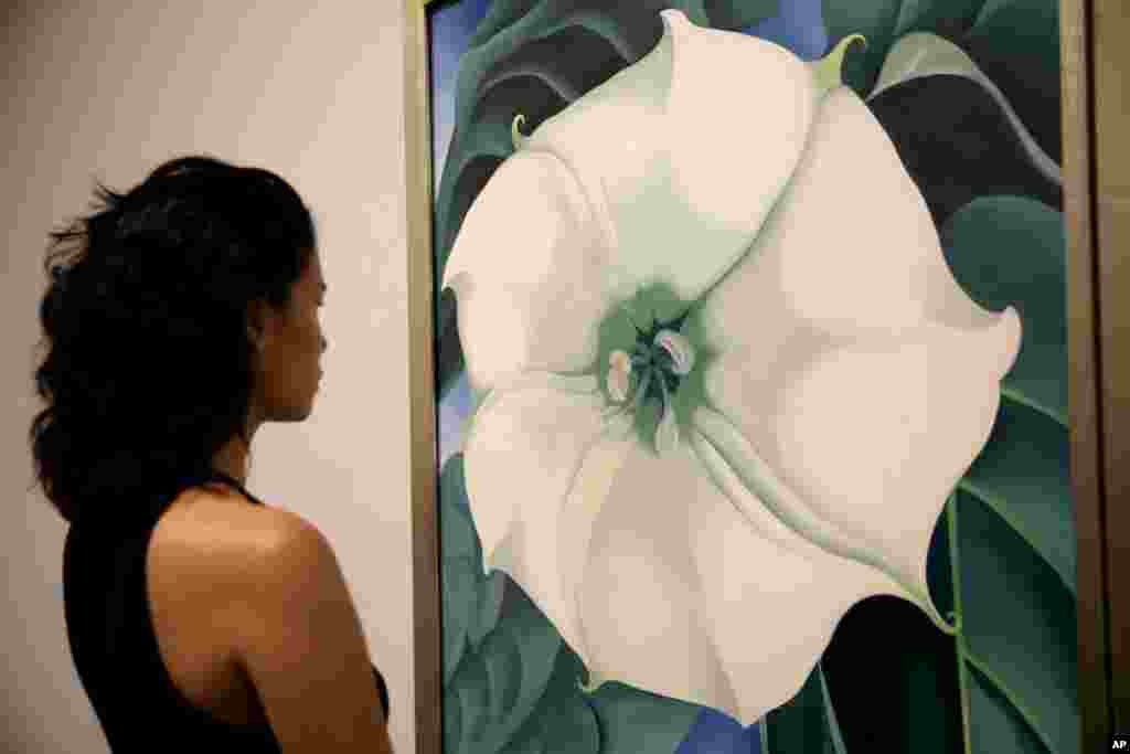 A Tate Modern representative poses for photographs next to "Jimson Weed/White Flower No.1" by American artist Georgia O'Keeffe, at a press launch for O'Keefe's retrospective exhibition of more than 100 works at the Tate Modern gallery in London. O'Keeffe is one of the iconic American artists of the 20th century, but the exhibition at Tate Modern is her biggest-ever show outside the United States.