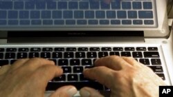 FILE - In this Feb. 27, 2013, file photo illustration, hands type on a computer keyboard in Los Angeles. Peter Romar, an alleged member of the hacking group Syrian Electronic Army, is being extradited and was flown Monday from Germany.