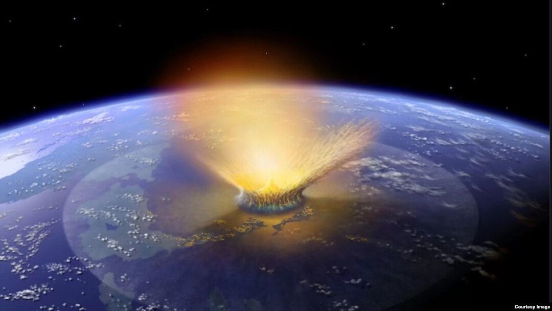 Artist's creation of the event involving an asteroid impact that scientists believe happened on Earth 65 million years ago. (Credit: NASA/Don Davis)