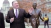 US Secretary of State, Mike Pompeo, is pictured next to a scuplture of former US President Ronald Reagan at the Liberty square (Szabadsag) in Budapest, Hungary, Feb. 11, 2019. 