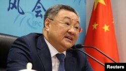 中國外交部軍控司司長傅聰在記者會上講話。（2020年7月8日）