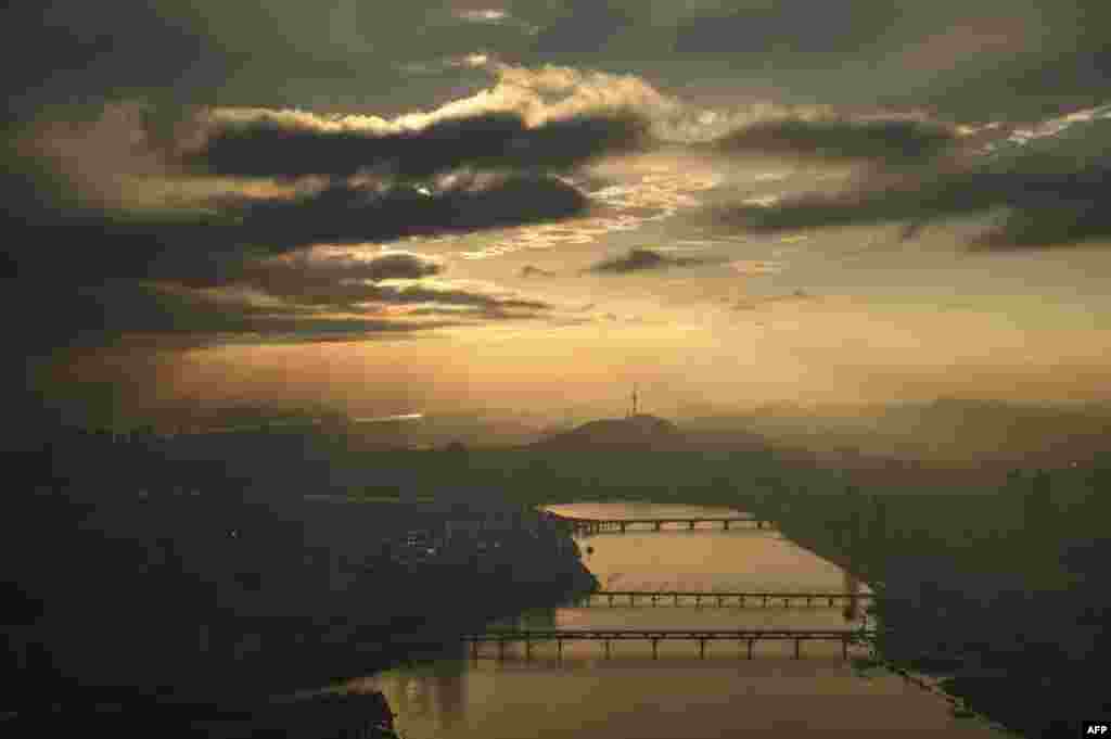 A general view shows the Seoul city skyline during sunset from the top of the Lotte World Tower, in South Korea.