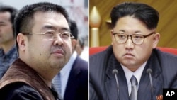 FILE - This combination of file photos shows Kim Jong Nam, left, exiled half-brother of North Korea's leader Kim Jong Un, in Narita, Japan, on May 4, 2001, and North Korean leader Kim Jong Un on May 9, 2016, in Pyongyang, North Korea.