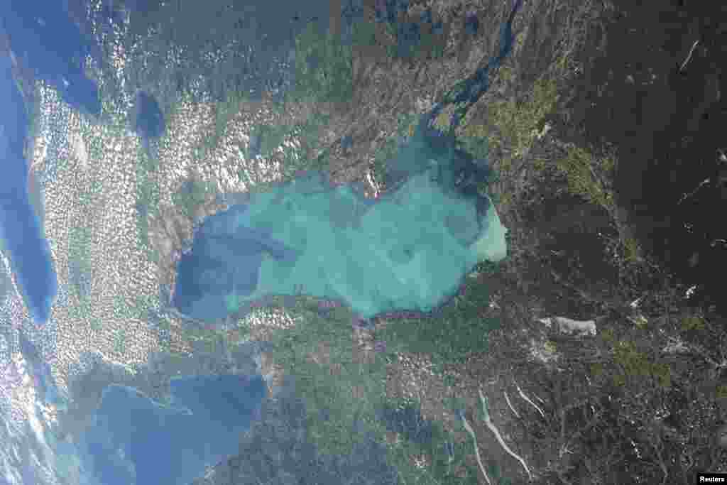 Plankton berkembang biak dengan pesat di Danau Ontario di akhir musim panas ini. Foto ini diambil oleh seorang astronot dari Stasiun Luar Angkasa Internasional (ISS). Cyanobacteria mikroskopis, atau ganggang biru-hijau dapat menyebar luar dan mengubah warna air danau sedemikian rupa sehingga terlihat dari orbit (foto: NASA).
