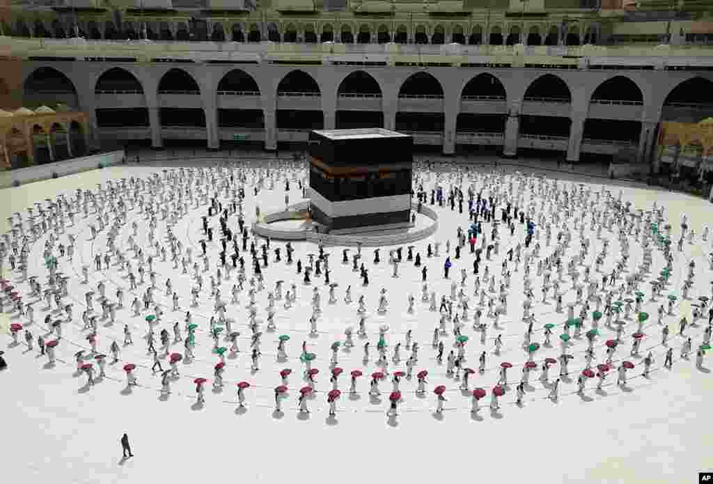 Hundreds of Muslim pilgrims circle the Kaaba at the Grand Mosque, ahead of the Hajj pilgrimage in the Muslim holy city of Mecca, Saudi Arabia.