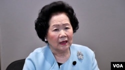 從1997年到2001年擔任香港政務司長的陳方安生在2019年4月2日（美國之音湯惠芸攝）