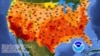 Un mapa de la Administración Nacional Oceánica y Atmosférica (NOAA) muestra las altas temperaturas expresadas en grados Fahrenheit que se esperan este fin de semana.