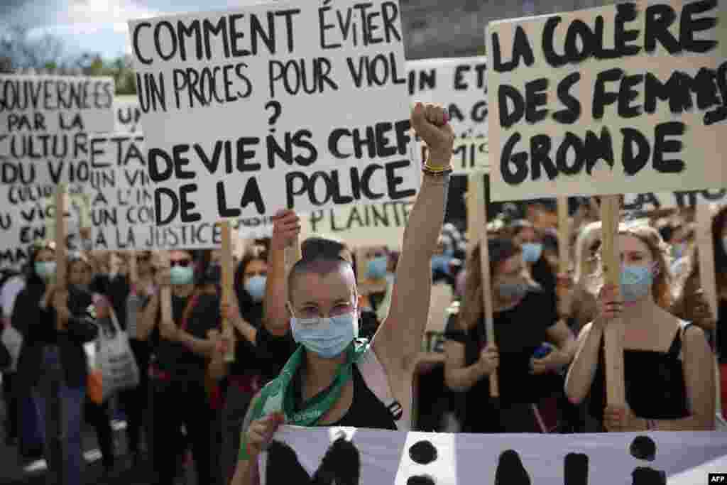 Protesters demonstrate in front of the city hall in Paris, to denounce the nomination of French Interior Minister, facing rape accusations, and French Justice Minister who criticized the #MeToo movement against sexual harassment.