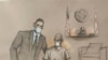 Esta foto con un boceto muestra a Mario Antonio Palacios Palacios con su abogado Alfredo Izaguirre ante la jueza de los tribunales federales de Estados Unidos Jacqueline Becerra el 4 de febrero de 2022, en Miami. 