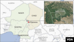 Ramani ya Ziwa Chad, na nchi zinazoizunguka ikiwemo Chad, Niger, Nigeria na Cameroon