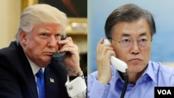 도널드 트럼프 미국 대통령(왼쪽)과 문재인 한국 대통령이 4일 전화 통화를 갖고 북한의 미사일 도발에 대한 대응책을 협의했다. (AP, 연합뉴스 자료사진)
